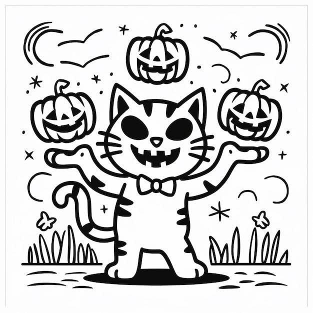 a cat with a bow tie and pumpkins on it