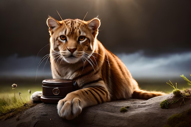 A cat with a bowl on its paw