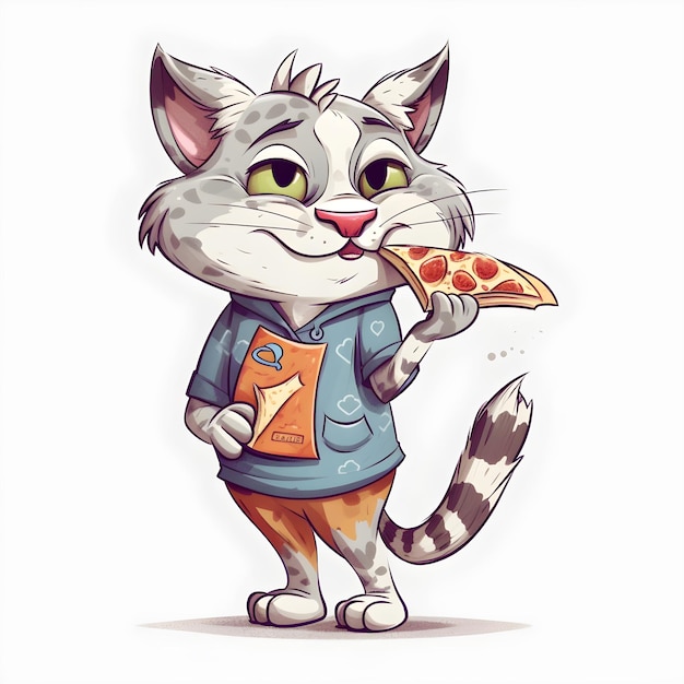 A cat with a box of pizza in his hand is eating a slice of pizza.