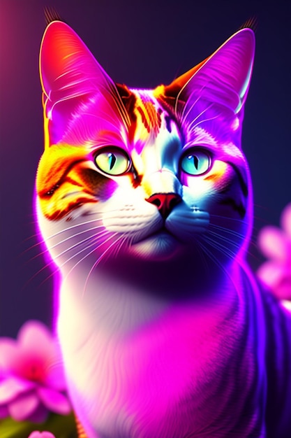 A cat with bright green eyes is on a purple background.