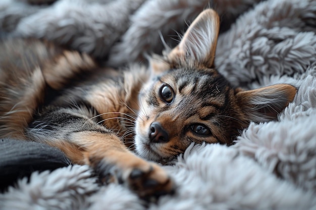 a cat with a brown and black face and a black nose is laying on a fluffy white blanket