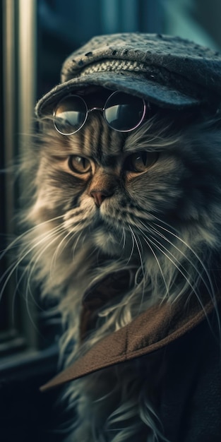 A cat with a brown jacket and sunglasses