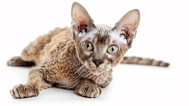 a cat with a brown tail laying on a white background