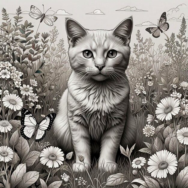 a cat with butterflies on its head is surrounded by flowers