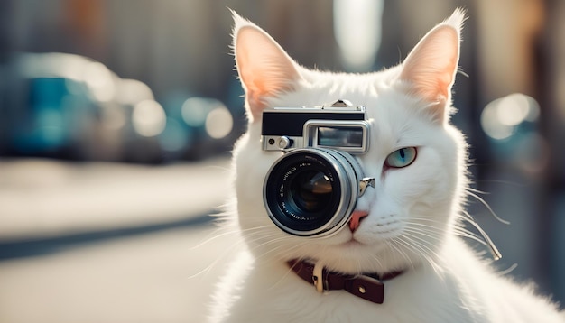 a cat with a camera on its face is looking at the camera