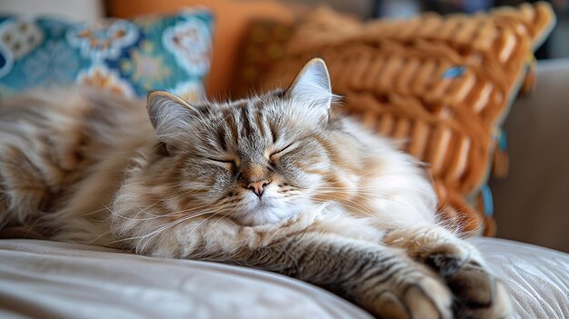 a cat with a closed eyes is sleeping on a couch