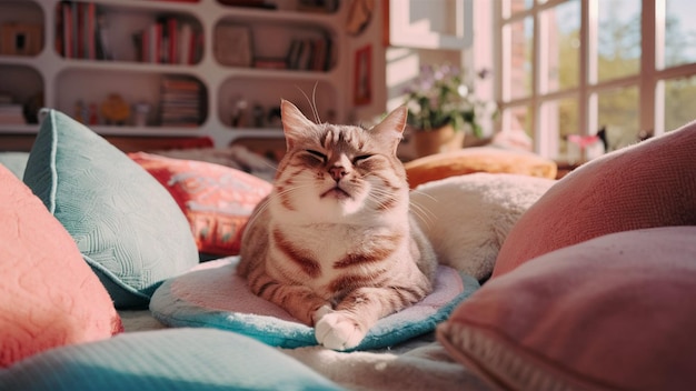 a cat with a closed eyes sits on a bed with a book shelf behind it