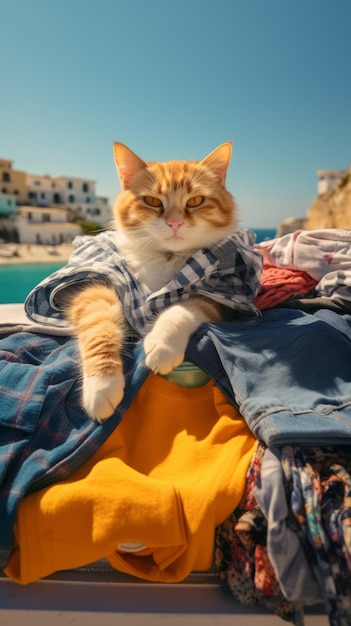 A cat with clothes is lying on the roof traveling at the beach