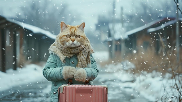 Photo a cat with a coat on is standing in the snow with a suitcase in the snow