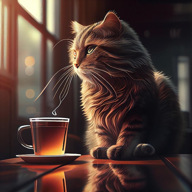 The cat with coffee is a symbol of relaxation comfort and warmth This illustration represents a cozy companion for lazy day providing comfort and companionship as you enjoy a warm drink and unwind