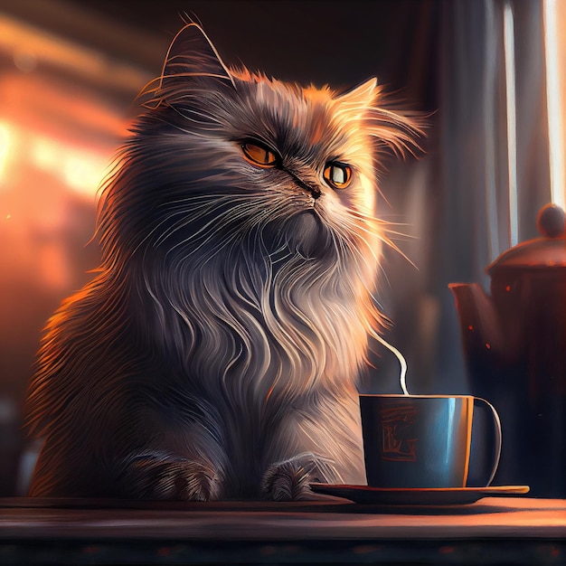 The cat with coffee is a symbol of relaxation comfort and warmth This illustration represents a cozy companion for lazy day providing comfort and companionship as you enjoy a warm drink and unwind