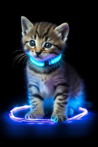 A cat with a collar that says'glow'on it