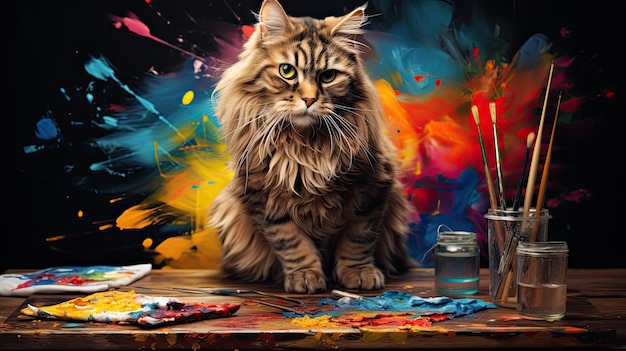 a cat with a colorful background and a laptop on the table