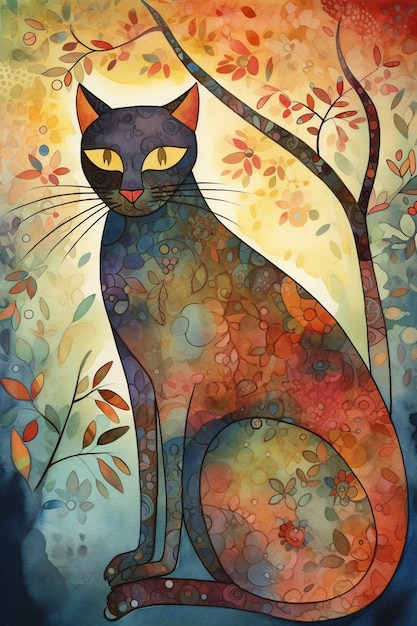 A cat with a colorful background and the word cat on it.