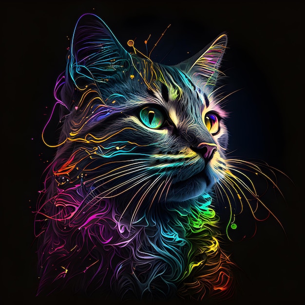 A cat with colorful eyes is shown on a black background.