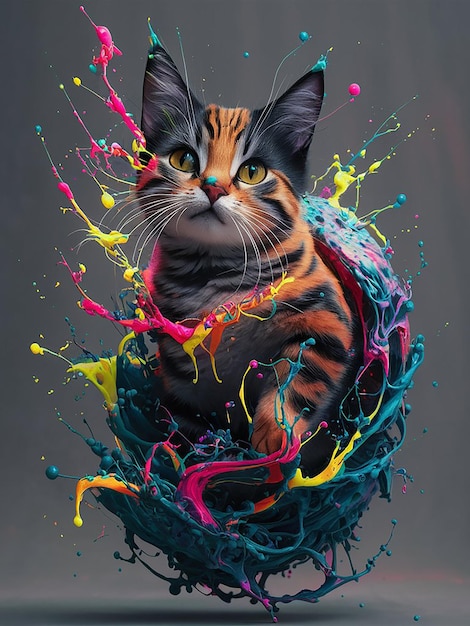 a cat with a colorful face is in a ball of paint