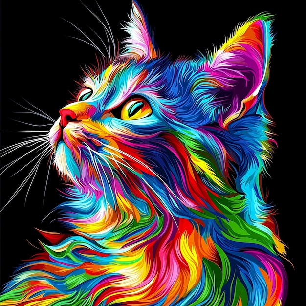 a cat with a colorful face is painted on a black background