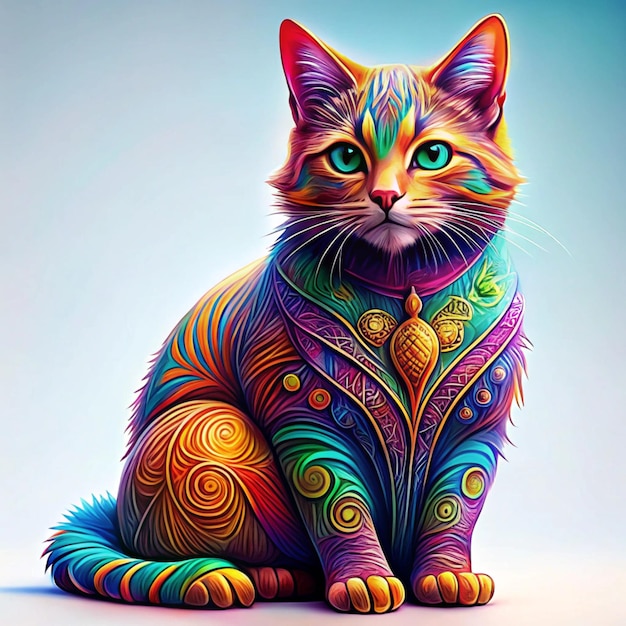 a cat with a colorful pattern on its back sits on a blue background