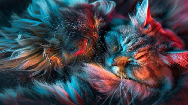 Photo a cat with a colorful tail laying next to a sleeping cat