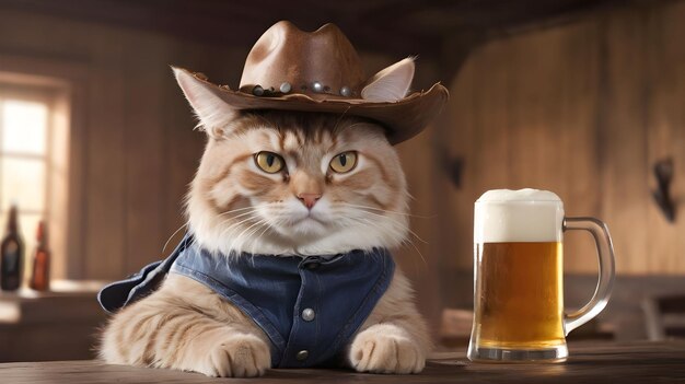 A cat with a cowboy hat and a beer mug