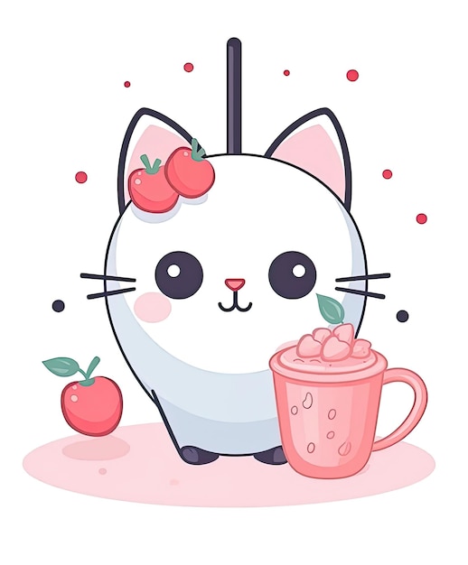 Photo a cat with a cup of coffee and an apple