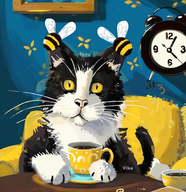 a cat with a cup of coffee and a clock on the wall