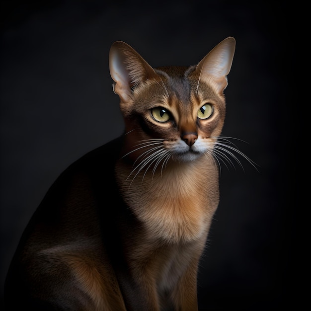 A cat with a dark background and yellow eyes.