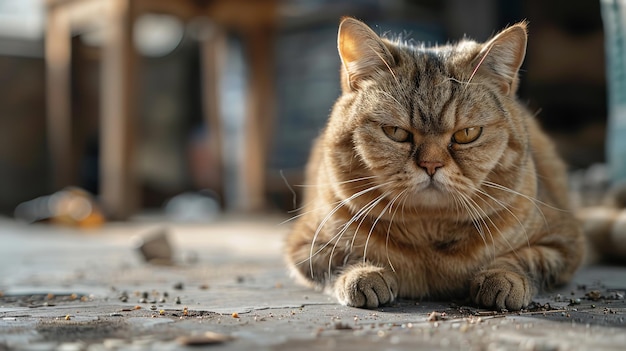 Cat with a dissatisfied face looking at camera Chubby tabby Cat Sitting