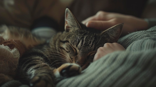 A cat with a family member cozy living room with warm ambient lighting playful interaction