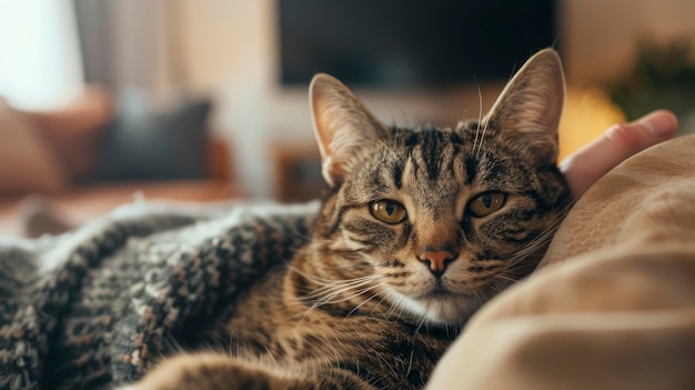 A cat with a family member cozy living room with warm ambient lighting playful interaction