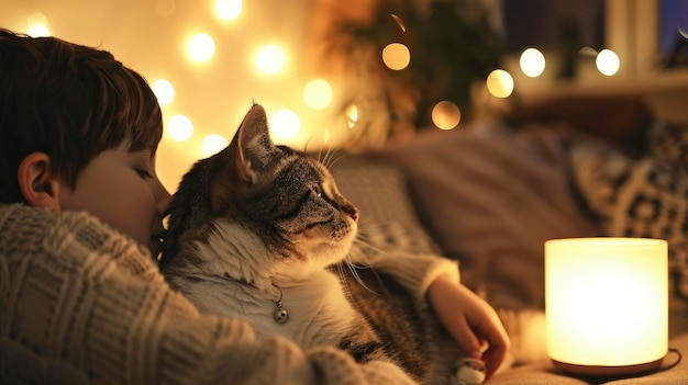 A cat with a family member cozy living room with warm ambient lighting playful interaction