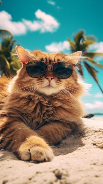 A cat with fashion sunglasses is lying on the roof traveling at the beach