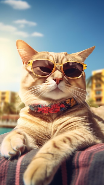 A cat with fashion sunglasses is lying on the roof traveling at the beach