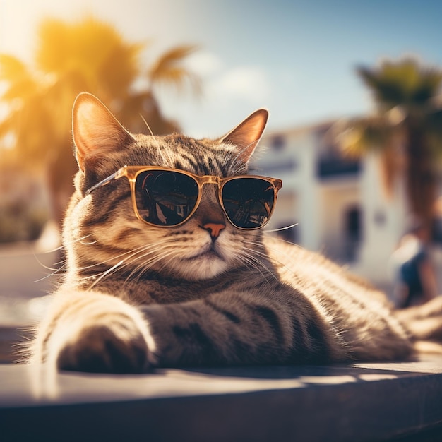 A cat with fashion sunglasses is lying on the roof traveling at the beach