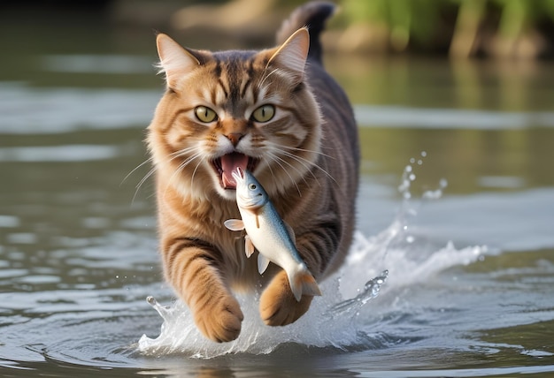 a cat with a fish in its mouth is running in the water