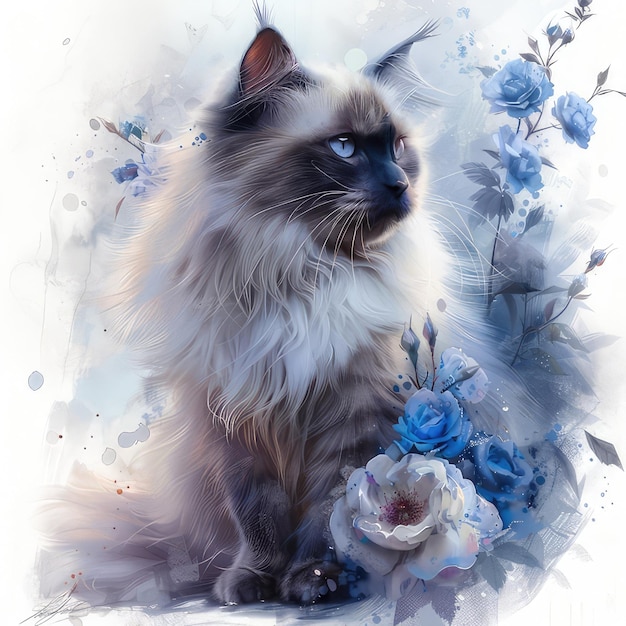 a cat with a flower in the background and a flower in the foreground