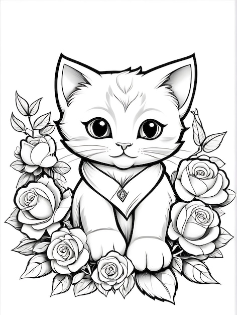 Cat with flower coloring page kids style white background ai generated