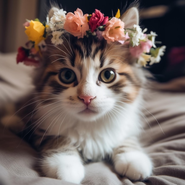 A cat with a flower crown on its head