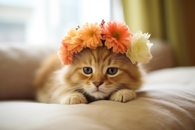 a cat with a flower crown on its head