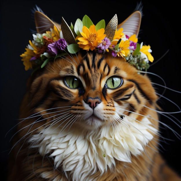 A cat with a flower crown on its head