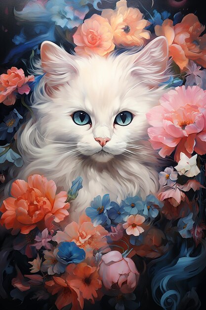 a cat with flowers and a white cat