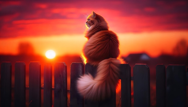 Photo a cat with a fluffy tail sits on a fence and looks at the sunset