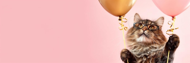 Cat with glasses and balloons Celebrating birthday