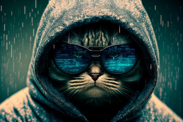 Cat with glasses and a hood Hacker concept Generative AI