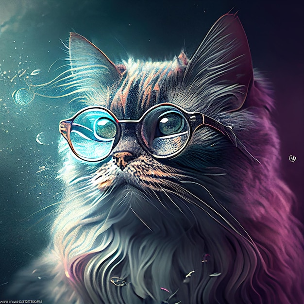 The cat with glasses is a symbol of intelligence curiosity and wit This illustration represents a clever and curious companion who is always ready to learn and explore new ideas