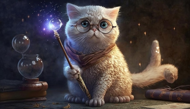 A cat with glasses and a magic wand