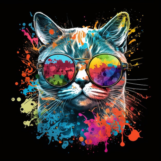 A cat with glasses and a rainbow colored background.