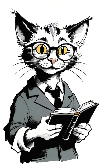 a cat with glasses reading a book titled quot the cat is quot