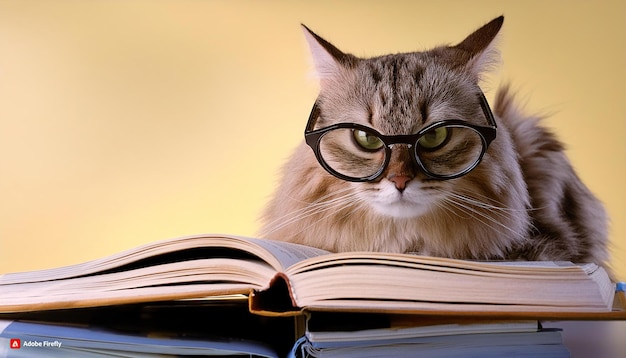 Photo a cat with glasses studying on a stack of books