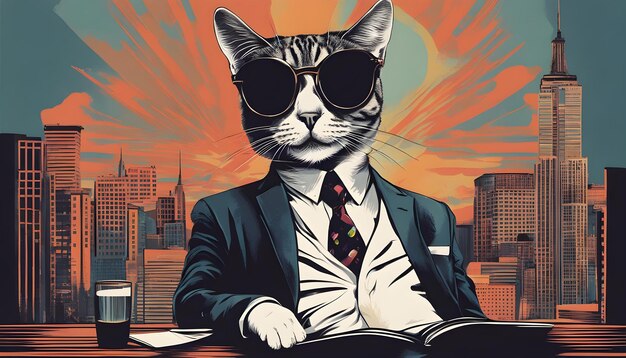 a cat with glasses and a suit and a tie is sitting in front of a man reading a book